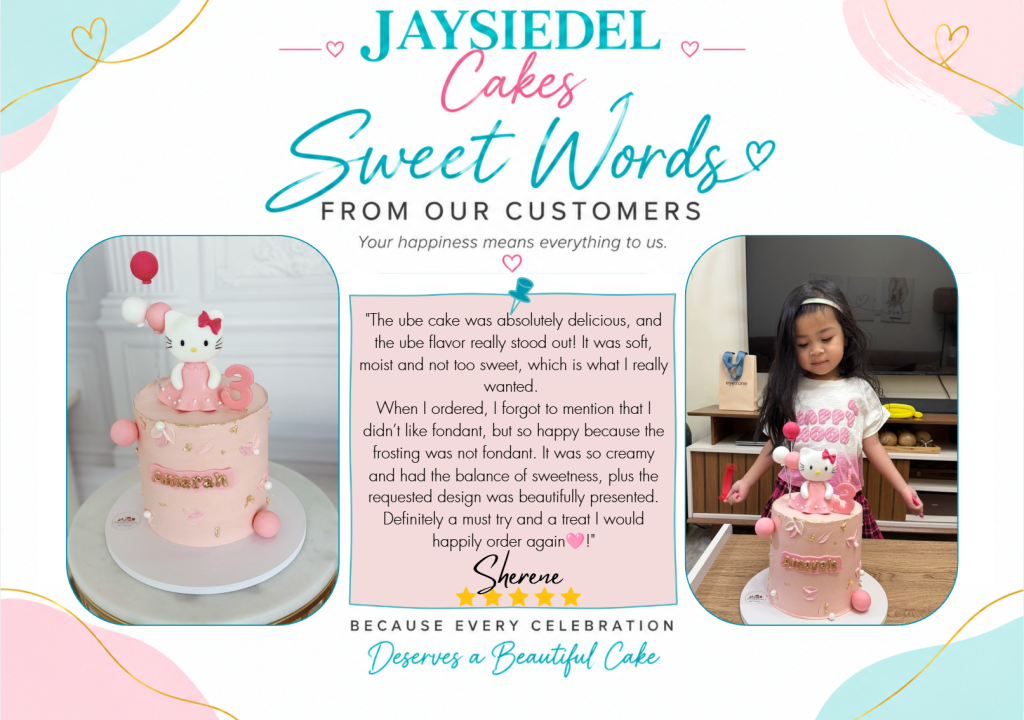 Sherene’s five-star review graphic shows a pink character cake and a child with the cake. She praises the ube flavor and frosting.