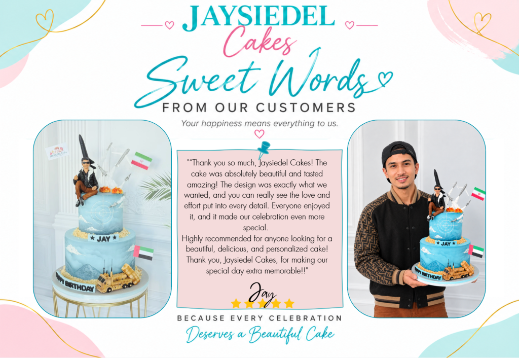 Jay’s five-star review graphic shows a blue birthday cake and Jay holding it. He praises the cake’s design, taste, and details.
