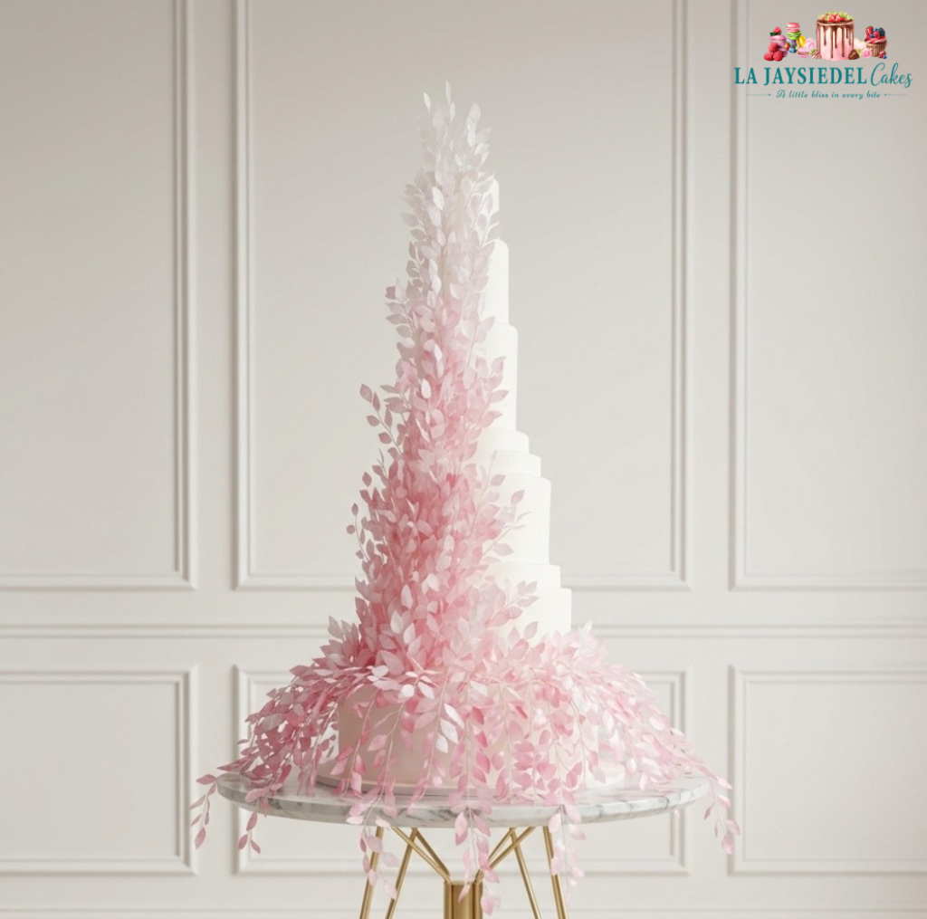 Pink Ombre Cascading Leaf Wedding Cake
