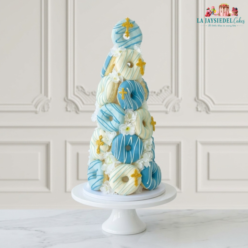 Blue & Gold Baptism Donut Tower