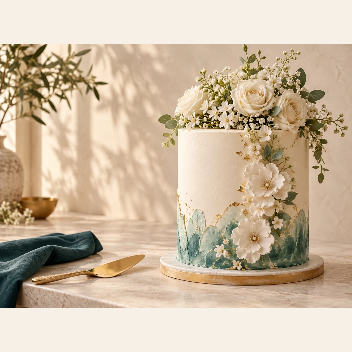 Ivory, teal and gold floral celebration cake