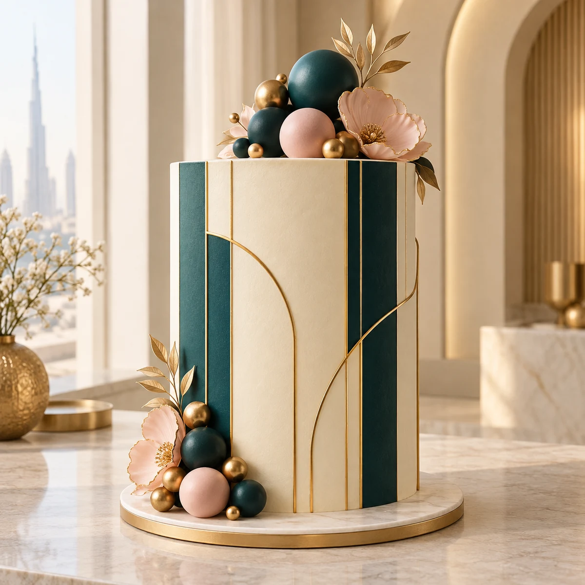 Tall teal and gold corporate celebration cake