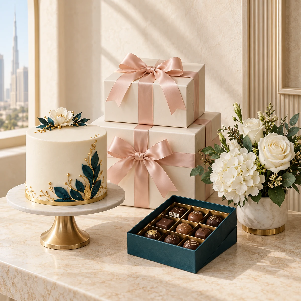 Corporate cake, flowers, chocolates and gift boxes