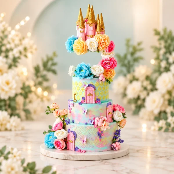 Existing pastel princess castle cake photo