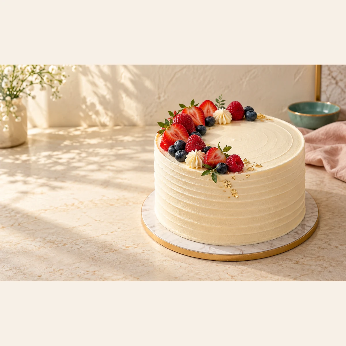 Ivory buttercream cake topped with fresh berries