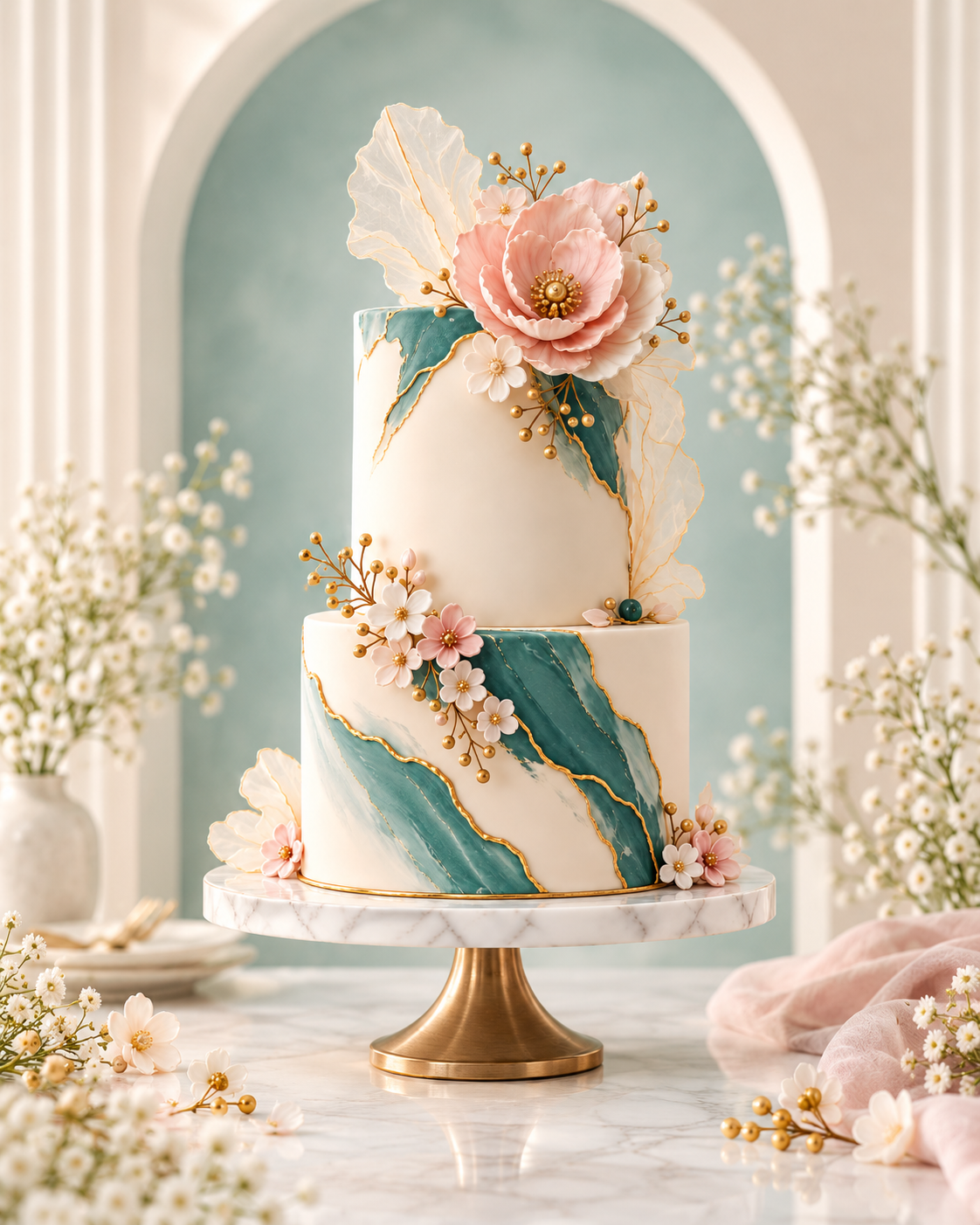 Illustrative concept image of a teal, ivory, and floral celebration cake